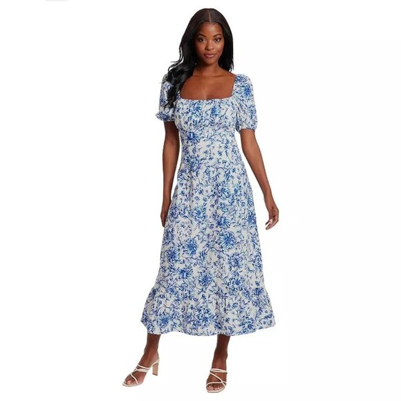 London Times Dresses & Skirts - London Times Floral Square-Neck Puff-Sleeve Midi Dress – Ivory/Navy Sz 10